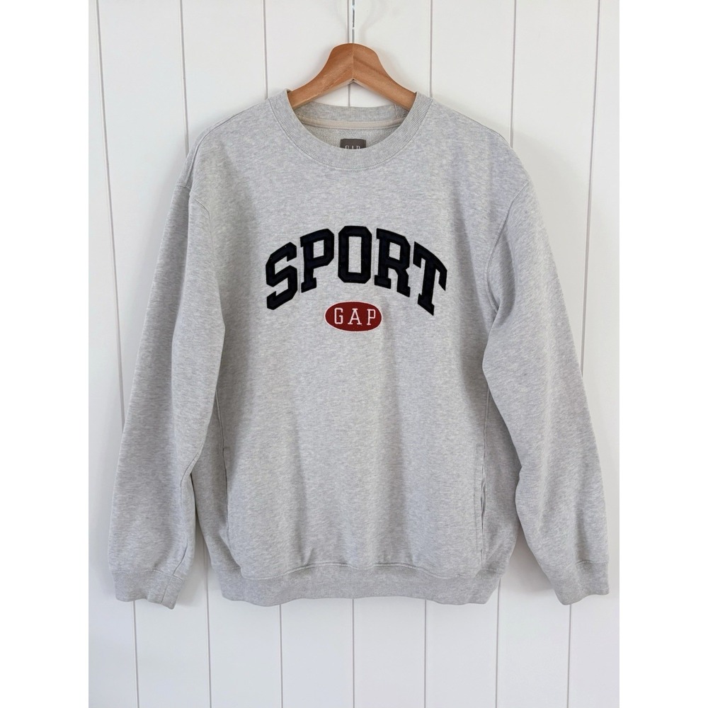 GAP Sport Logo Crewneck Sweatshirt Mens M Gray Fleece Pockets Retro Spellout